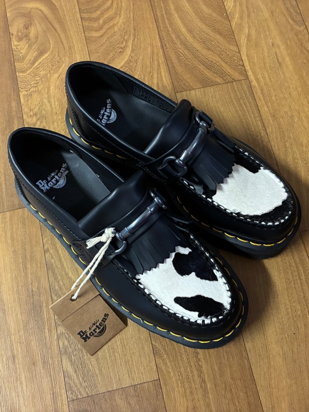 Dr. Martens Adrian Snaffle Quad Platform Hair-On Leather Cow Print Loafers US 7